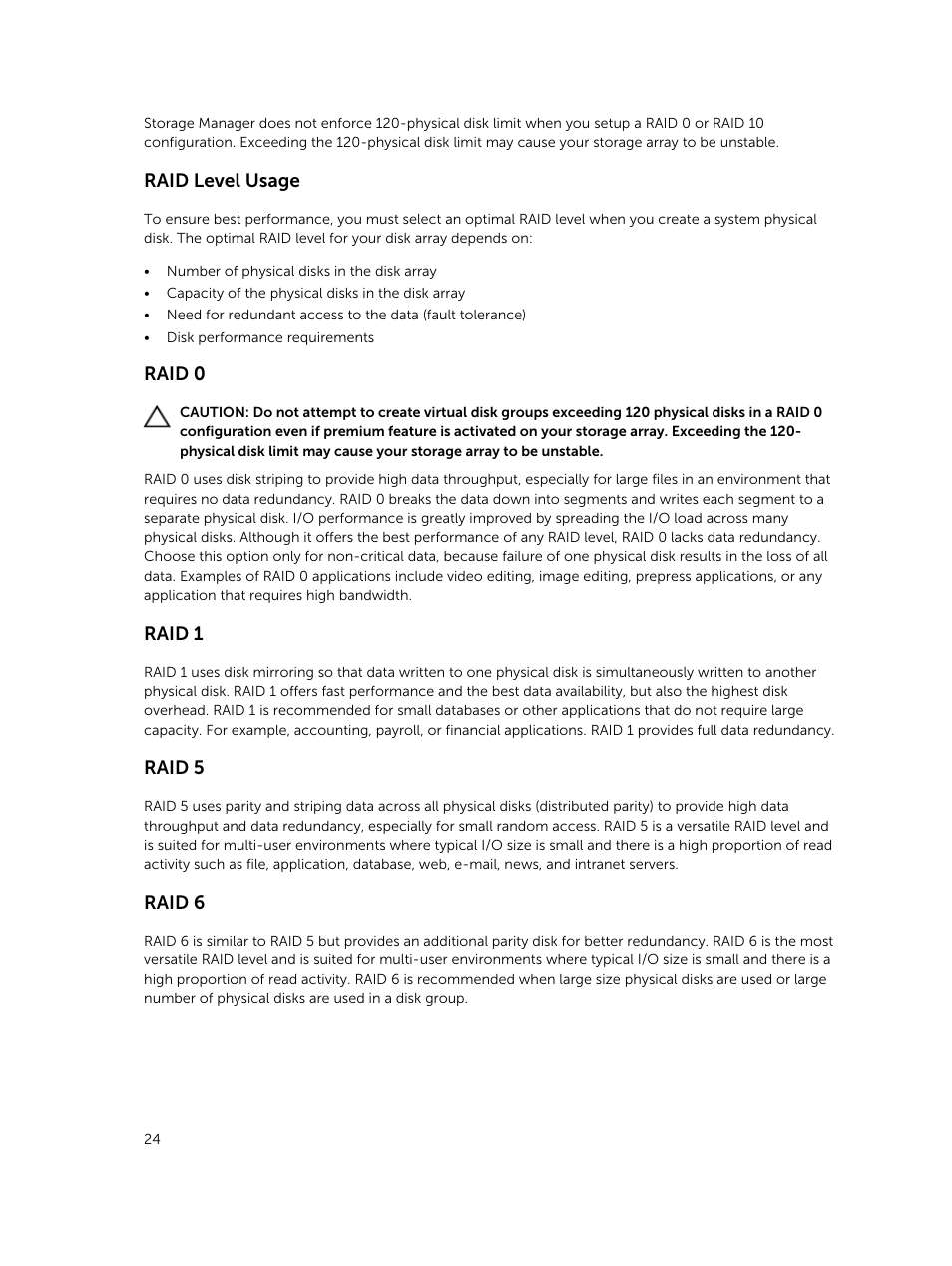 Raid level usage, Raid 0, Raid 1 | Raid 5, Raid 6 | Dell PowerVault MD3820f User Manual | Page 24 / 243