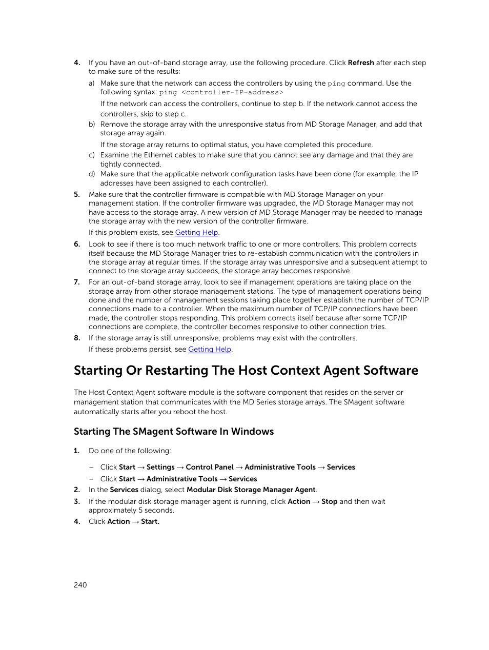 Starting the smagent software in windows | Dell PowerVault MD3820f User Manual | Page 240 / 243