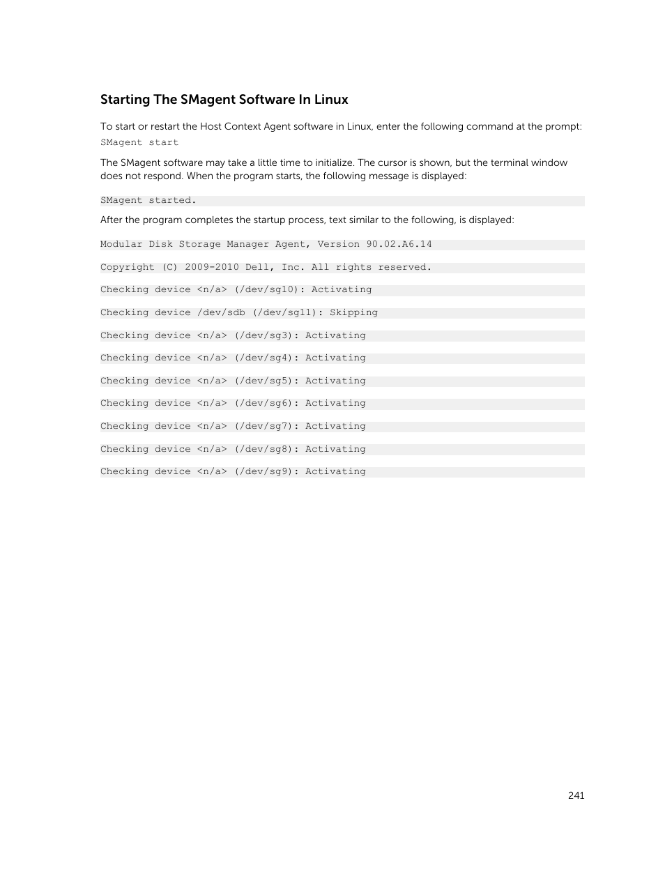 Starting the smagent software in linux | Dell PowerVault MD3820f User Manual | Page 241 / 243
