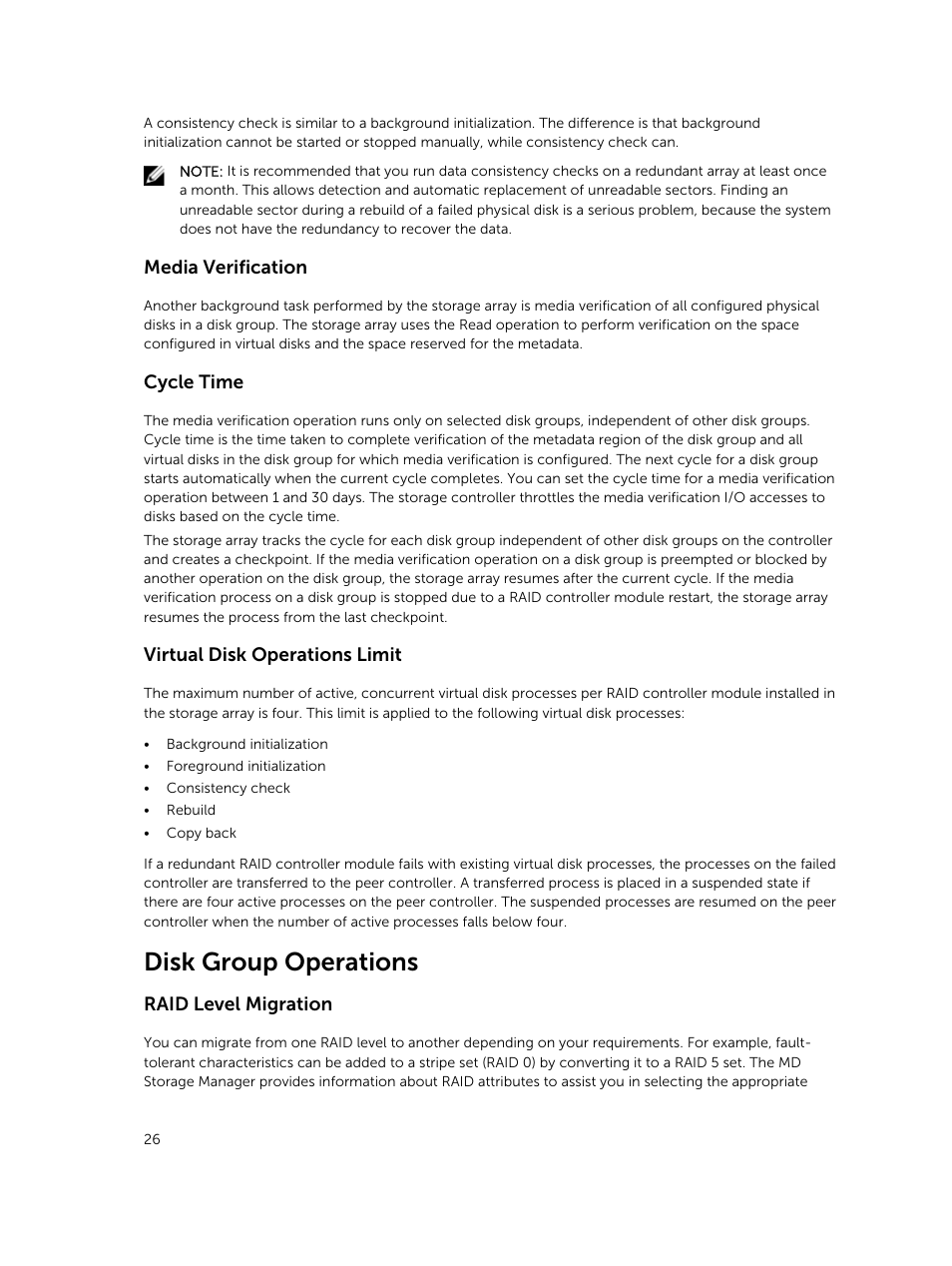 Media verification, Cycle time, Virtual disk operations limit | Disk group operations, Raid level migration | Dell PowerVault MD3820f User Manual | Page 26 / 243