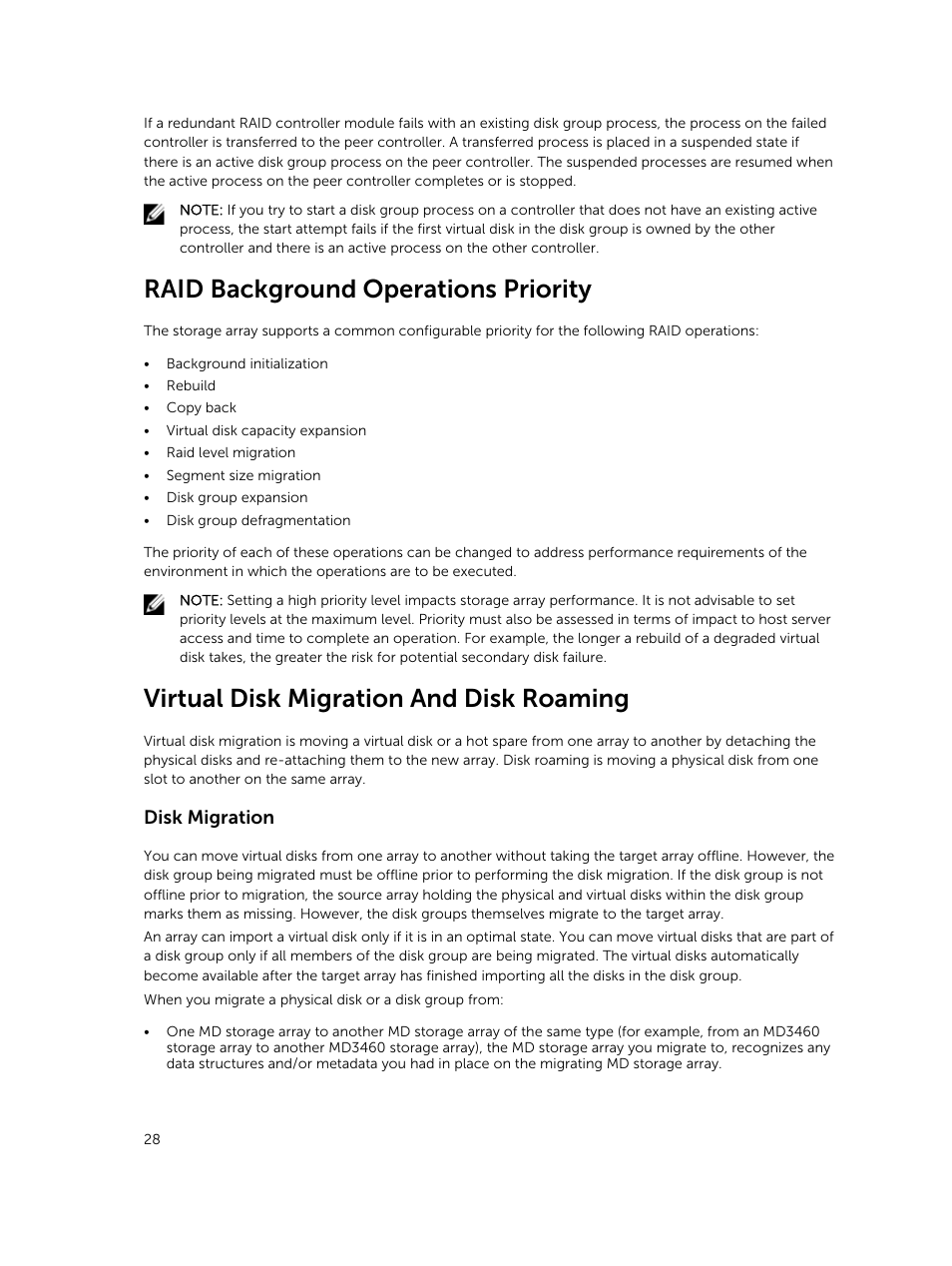 Raid background operations priority, Virtual disk migration and disk roaming, Disk migration | Dell PowerVault MD3820f User Manual | Page 28 / 243