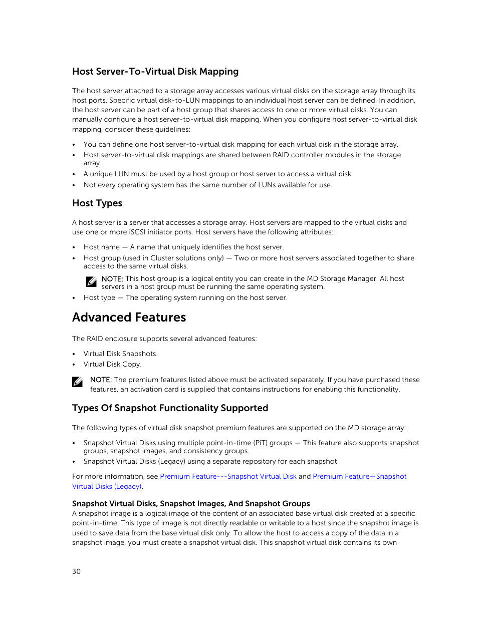 Host server-to-virtual disk mapping, Host types, Advanced features | Types of snapshot functionality supported | Dell PowerVault MD3820f User Manual | Page 30 / 243