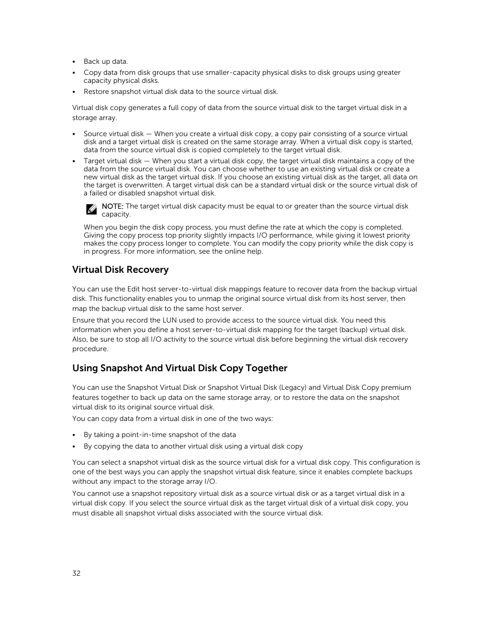 Virtual disk recovery, Using snapshot and virtual disk copy together | Dell PowerVault MD3820f User Manual | Page 32 / 243