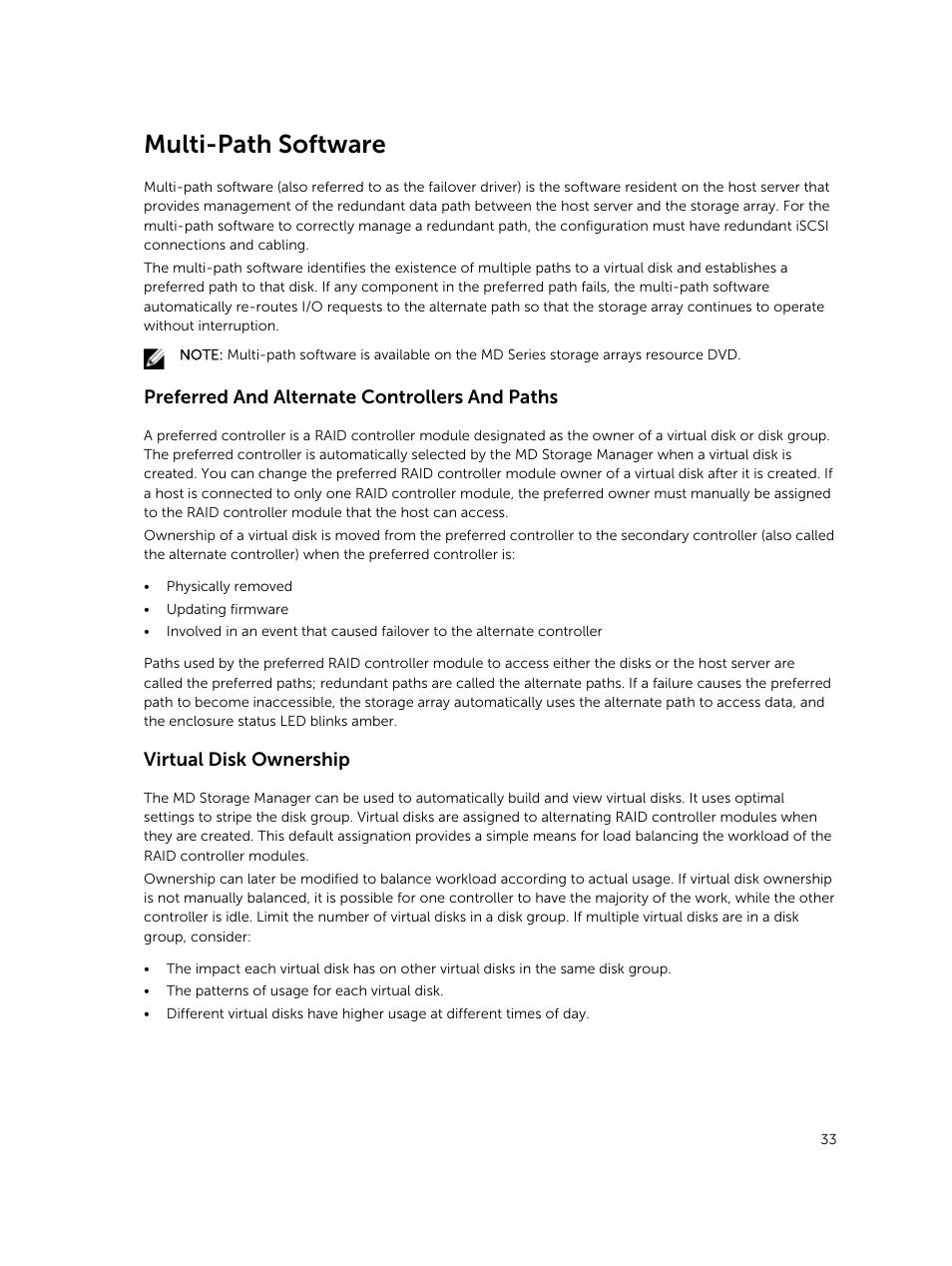 Multi-path software, Preferred and alternate controllers and paths, Virtual disk ownership | Dell PowerVault MD3820f User Manual | Page 33 / 243