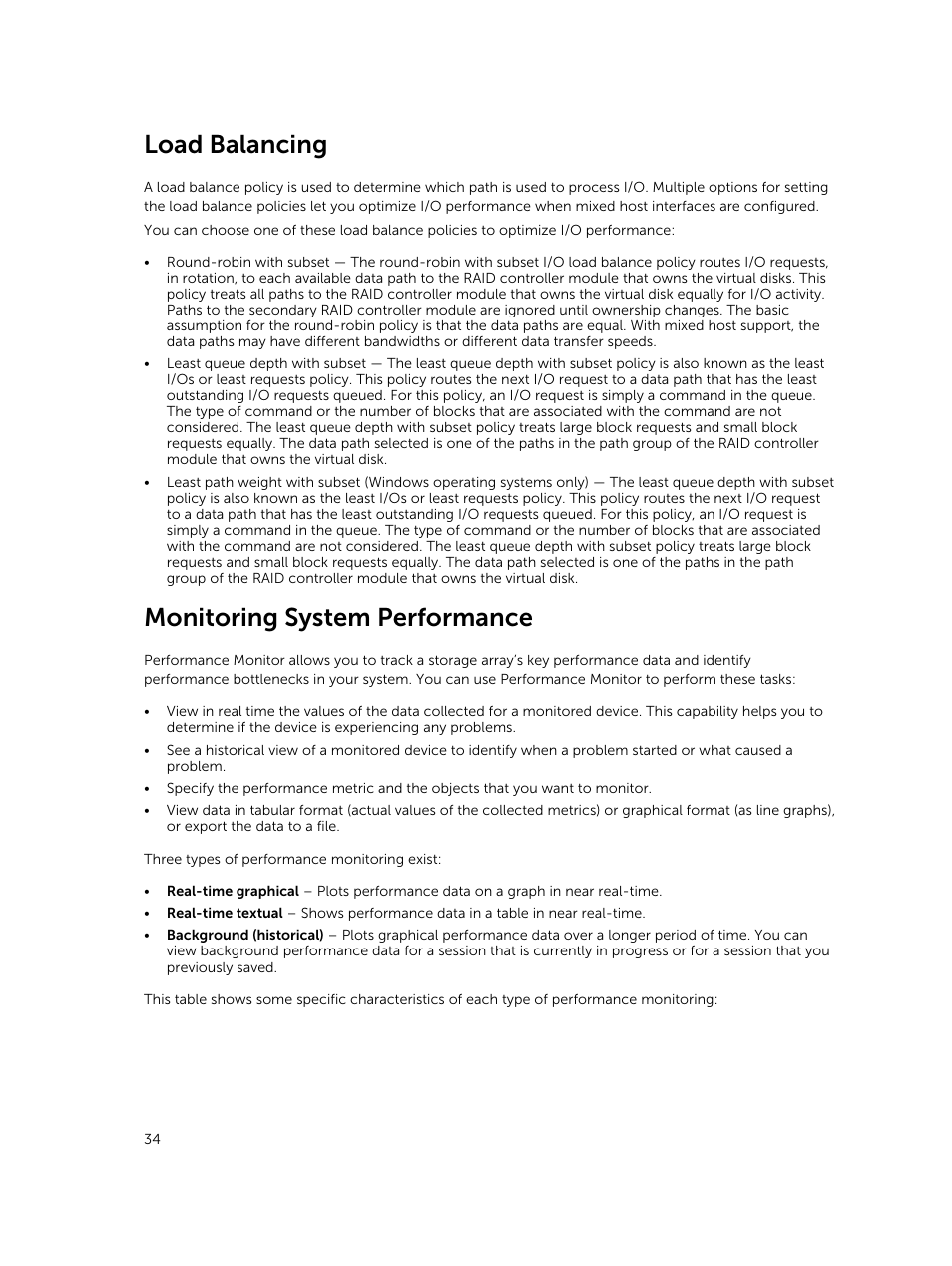 Load balancing, Monitoring system performance | Dell PowerVault MD3820f User Manual | Page 34 / 243