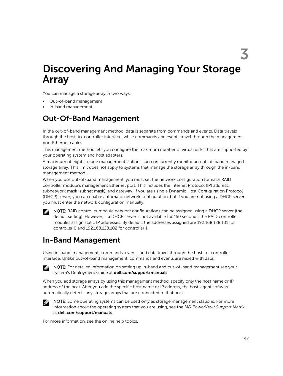 Discovering and managing your storage array, Out-of-band management, In-band management | 3 discovering and managing your storage array | Dell PowerVault MD3820f User Manual | Page 47 / 243