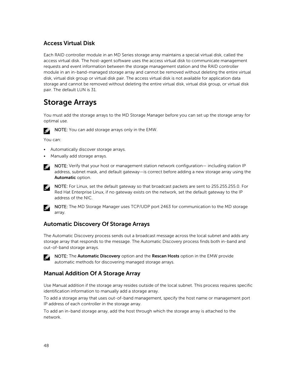 Access virtual disk, Storage arrays, Automatic discovery of storage arrays | Manual addition of a storage array | Dell PowerVault MD3820f User Manual | Page 48 / 243