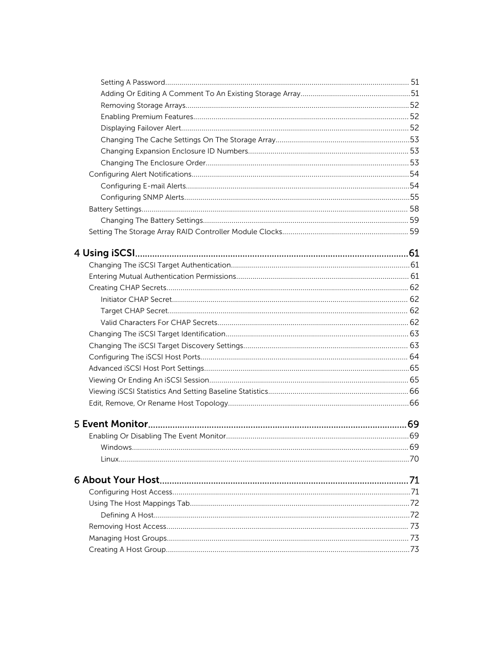 4 using iscsi, 5 event monitor, 6 about your host | Dell PowerVault MD3820f User Manual | Page 5 / 243