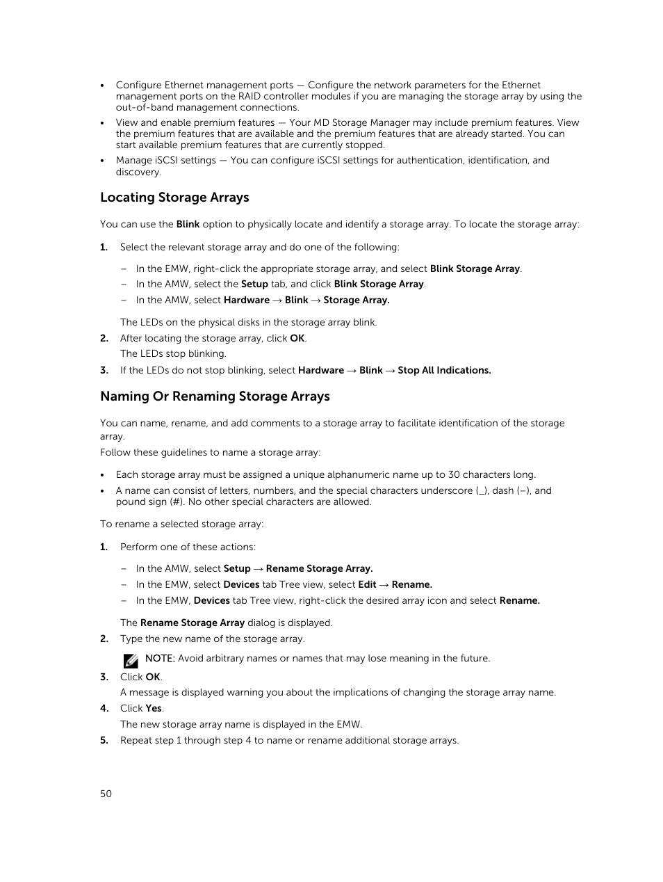 Locating storage arrays, Naming or renaming storage arrays | Dell PowerVault MD3820f User Manual | Page 50 / 243