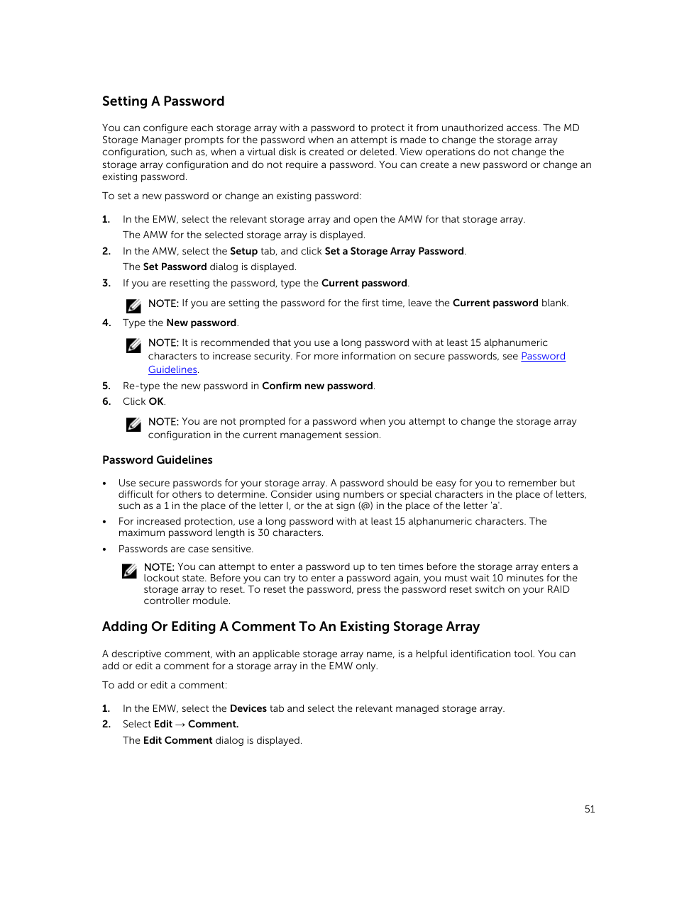 Setting a password | Dell PowerVault MD3820f User Manual | Page 51 / 243