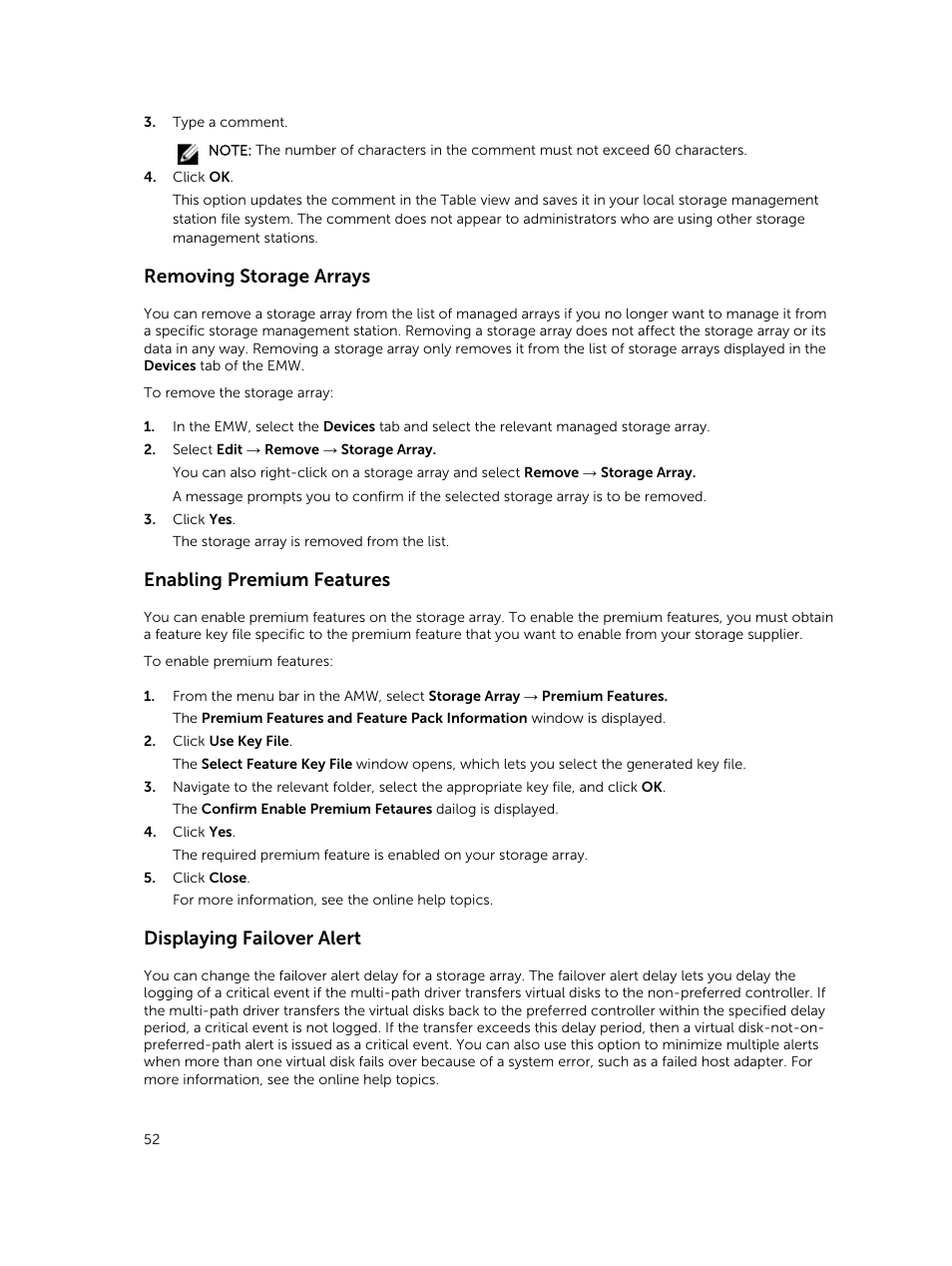 Removing storage arrays, Enabling premium features, Displaying failover alert | Dell PowerVault MD3820f User Manual | Page 52 / 243