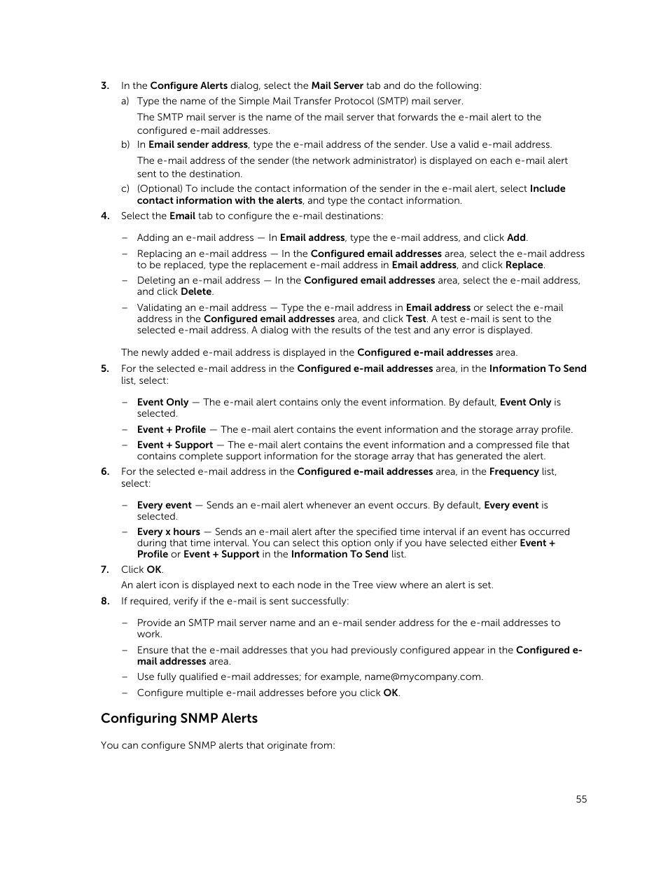 Configuring snmp alerts | Dell PowerVault MD3820f User Manual | Page 55 / 243