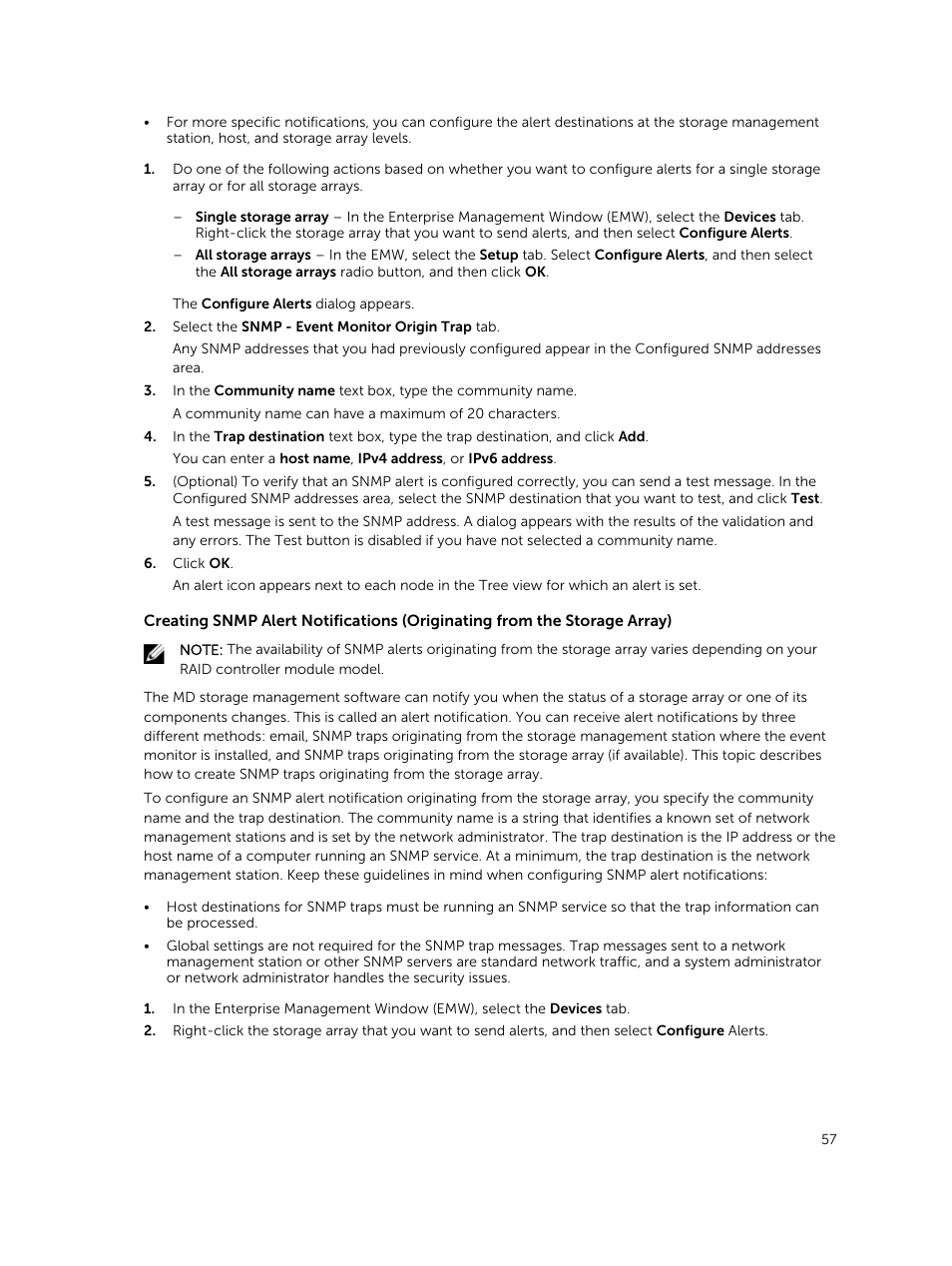 Creating snmp alert notifications, Originating from the storage array | Dell PowerVault MD3820f User Manual | Page 57 / 243
