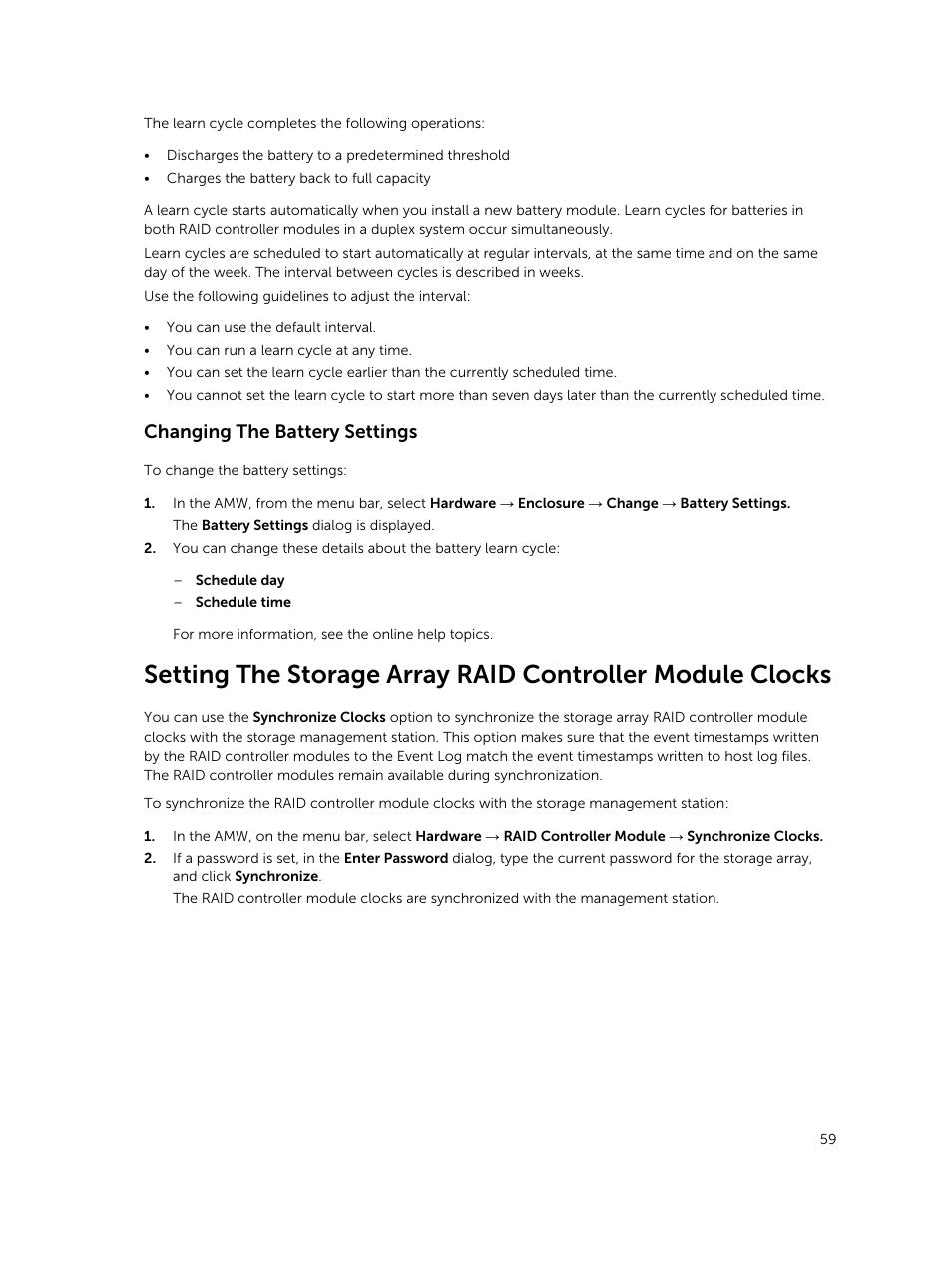 Changing the battery settings | Dell PowerVault MD3820f User Manual | Page 59 / 243