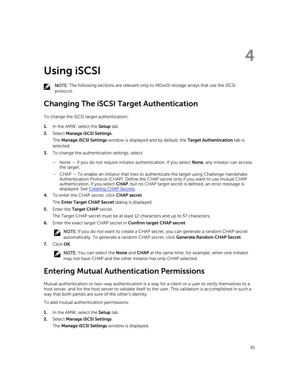 Using iscsi, Changing the iscsi target authentication, Entering mutual authentication permissions | 4 using iscsi, Information, see | Dell PowerVault MD3820f User Manual | Page 61 / 243