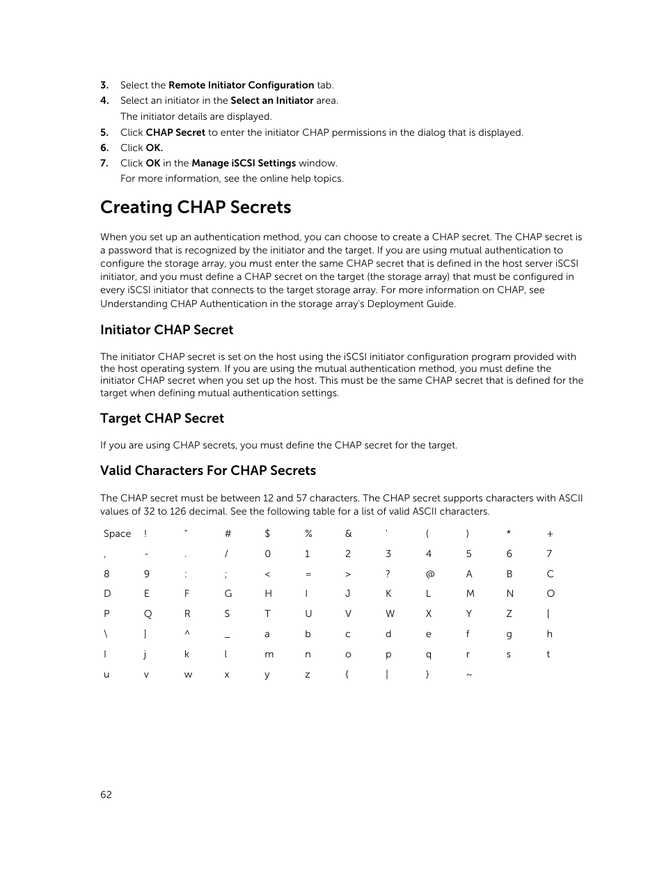 Creating chap secrets, Initiator chap secret, Target chap secret | Valid characters for chap secrets | Dell PowerVault MD3820f User Manual | Page 62 / 243