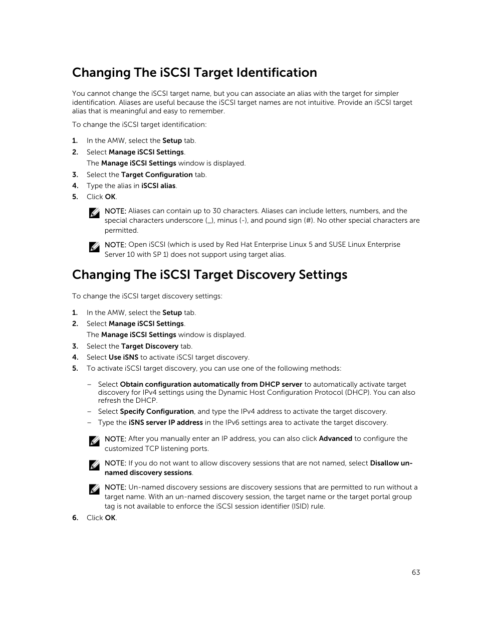 Changing the iscsi target identification, Changing the iscsi target discovery settings | Dell PowerVault MD3820f User Manual | Page 63 / 243