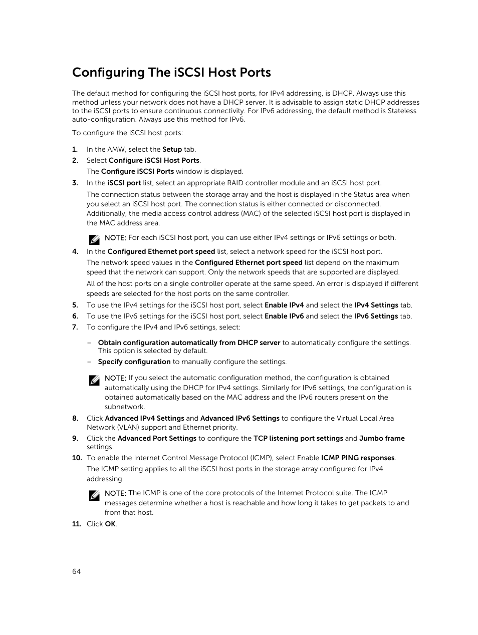 Configuring the iscsi host ports | Dell PowerVault MD3820f User Manual | Page 64 / 243