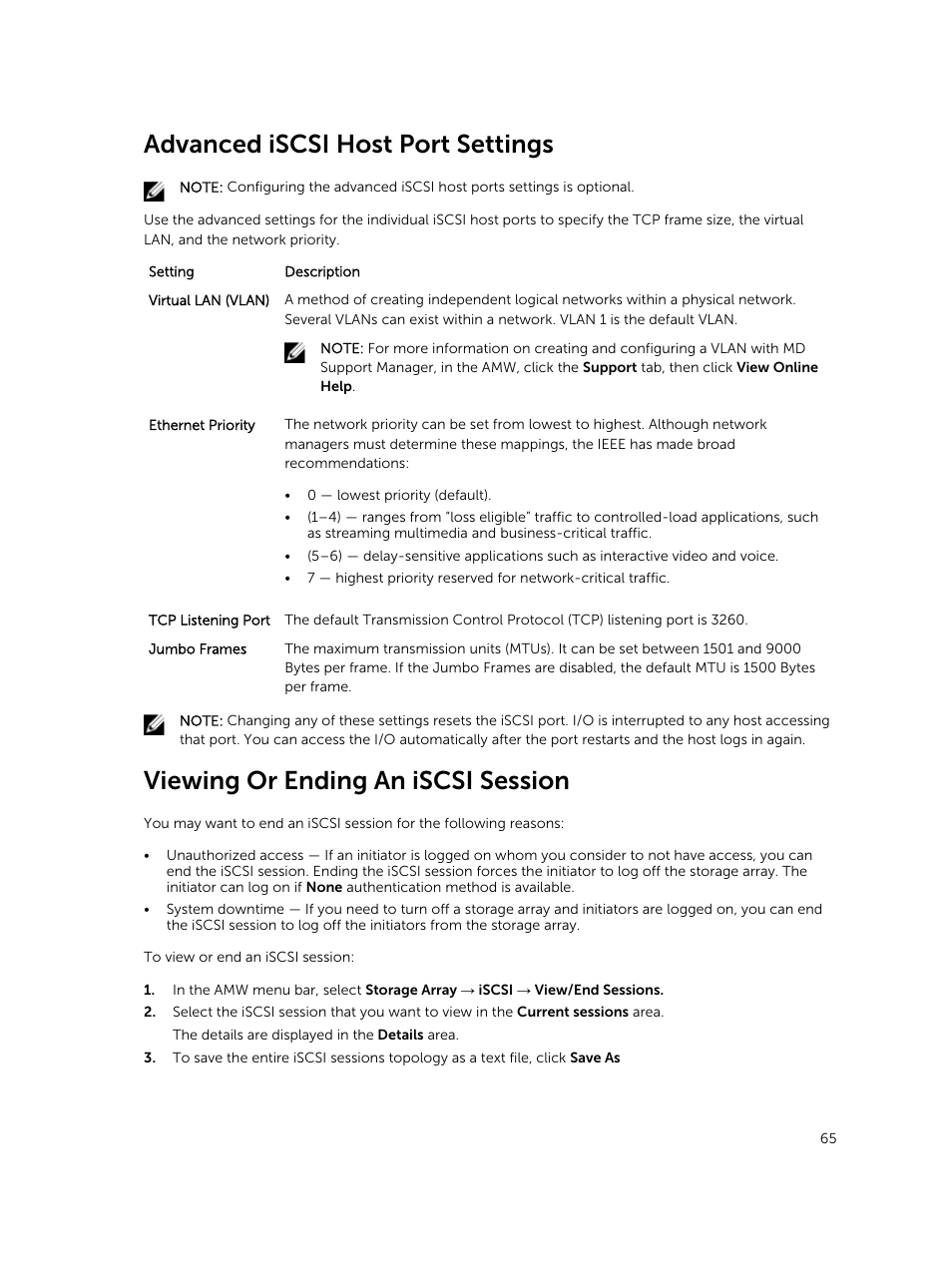 Advanced iscsi host port settings, Viewing or ending an iscsi session | Dell PowerVault MD3820f User Manual | Page 65 / 243