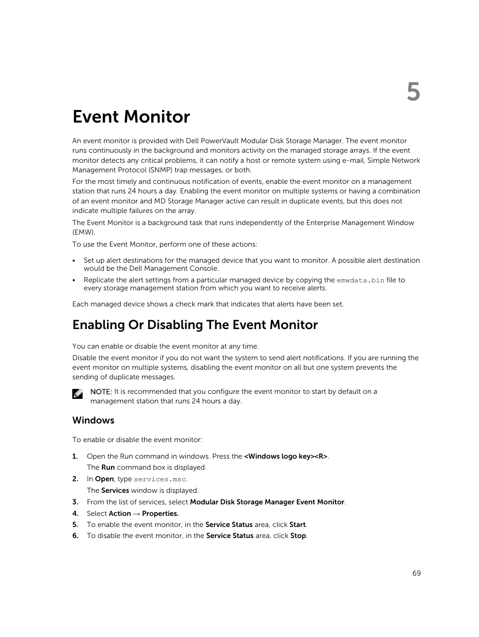 Event monitor, Enabling or disabling the event monitor, Windows | 5 event monitor | Dell PowerVault MD3820f User Manual | Page 69 / 243