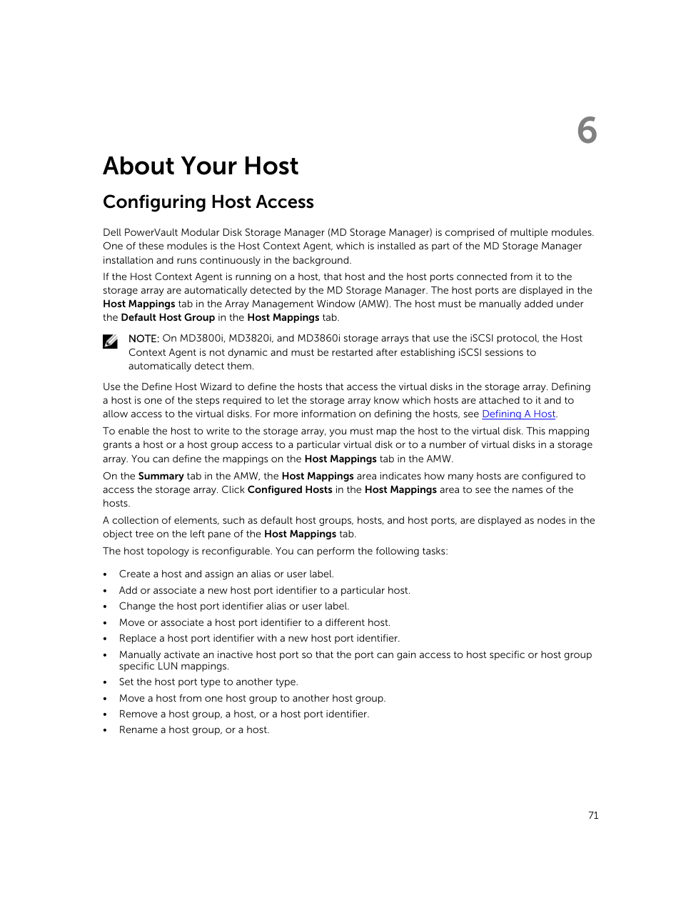 About your host, Configuring host access, 6 about your host | Dell PowerVault MD3820f User Manual | Page 71 / 243