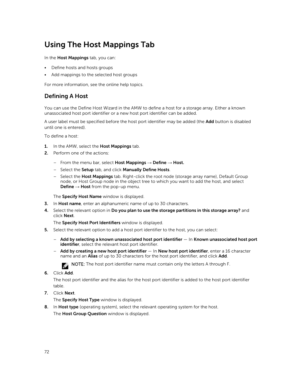 Using the host mappings tab, Defining a host | Dell PowerVault MD3820f User Manual | Page 72 / 243
