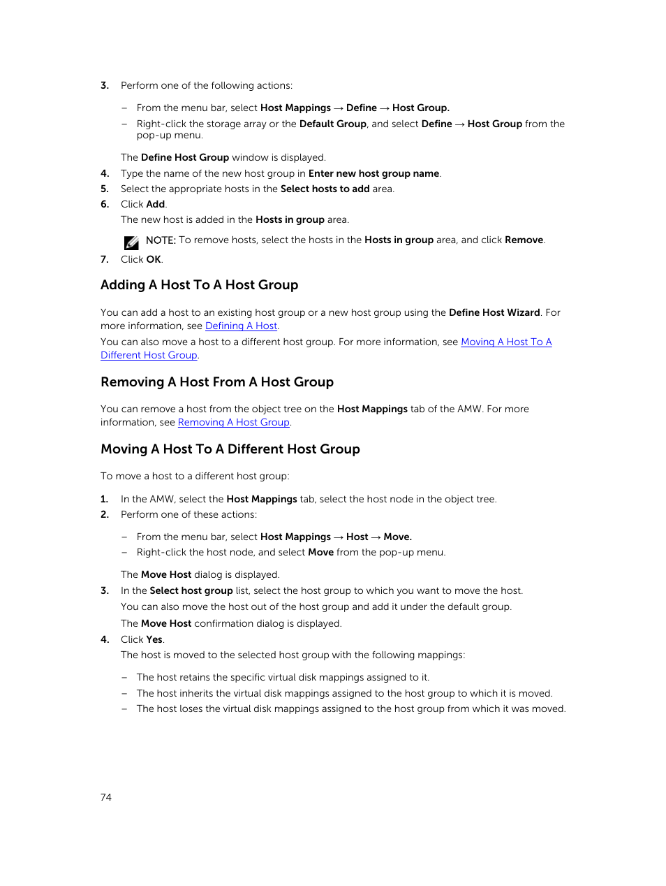 Adding a host to a host group, Removing a host from a host group, Moving a host to a different host group | Dell PowerVault MD3820f User Manual | Page 74 / 243