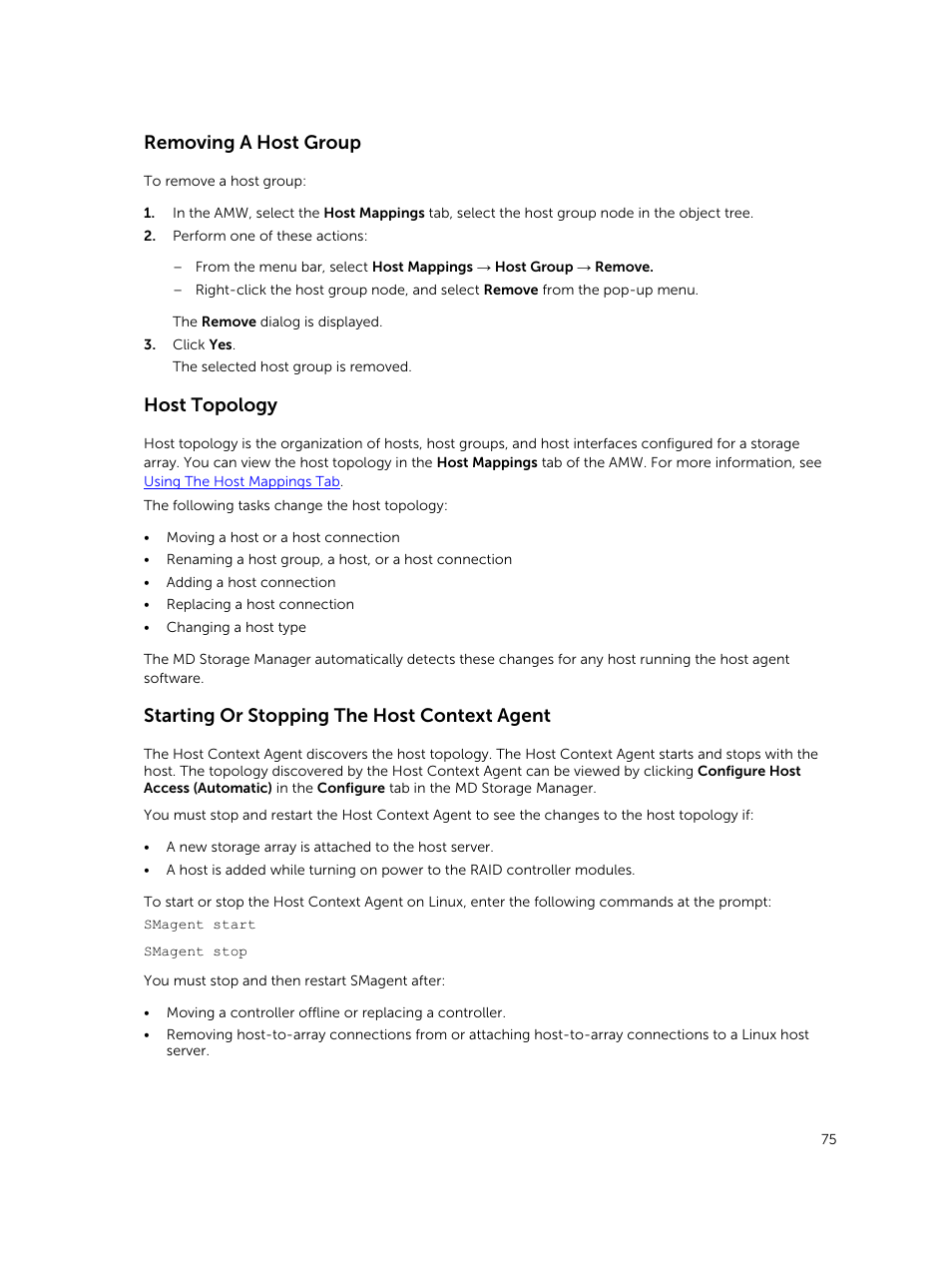 Removing a host group, Host topology, Starting or stopping the host context agent | Information, see | Dell PowerVault MD3820f User Manual | Page 75 / 243