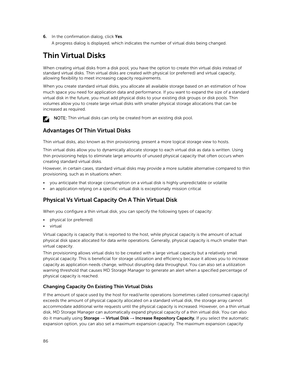 Thin virtual disks, Advantages of thin virtual disks, Thin virtual | Disks | Dell PowerVault MD3820f User Manual | Page 86 / 243