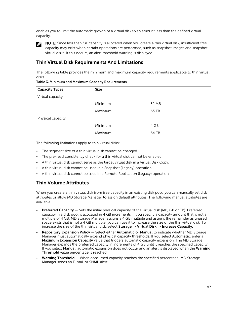 Thin virtual disk requirements and limitations, Thin volume attributes | Dell PowerVault MD3820f User Manual | Page 87 / 243