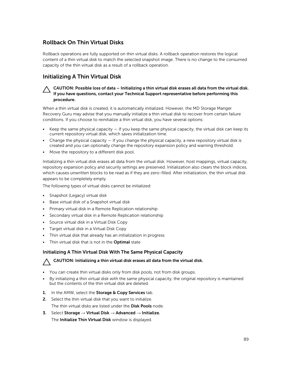 Rollback on thin virtual disks, Initializing a thin virtual disk | Dell PowerVault MD3820f User Manual | Page 89 / 243