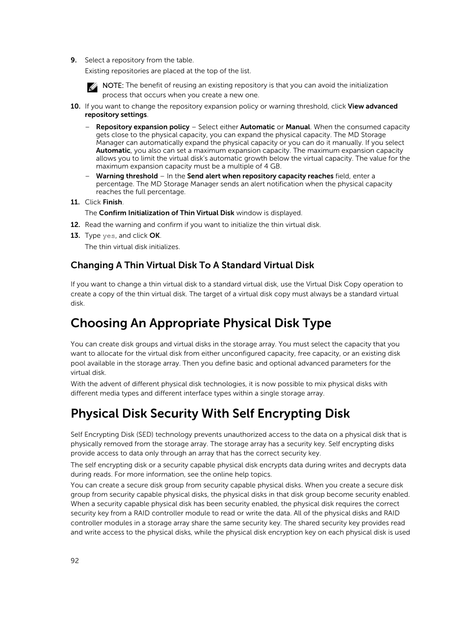 Choosing an appropriate physical disk type, Physical disk security with self encrypting disk | Dell PowerVault MD3820f User Manual | Page 92 / 243