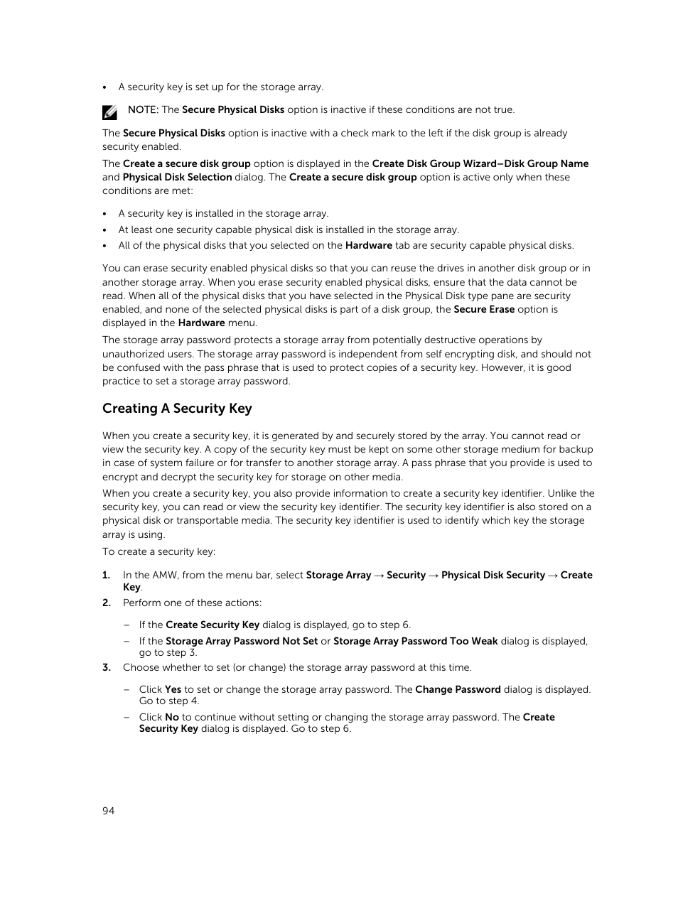 Creating a security key | Dell PowerVault MD3820f User Manual | Page 94 / 243