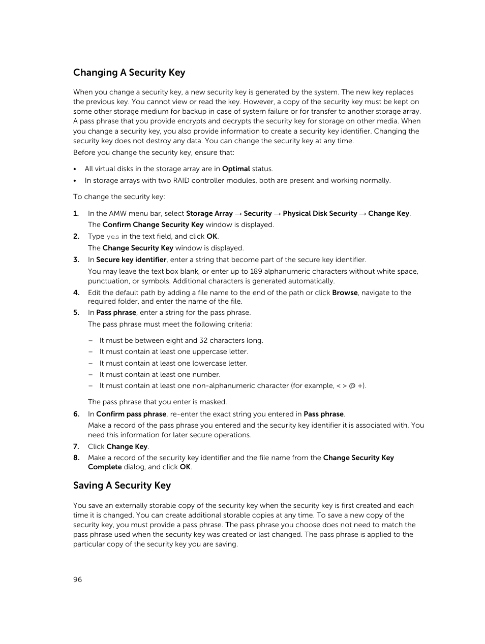 Changing a security key, Saving a security key | Dell PowerVault MD3820f User Manual | Page 96 / 243