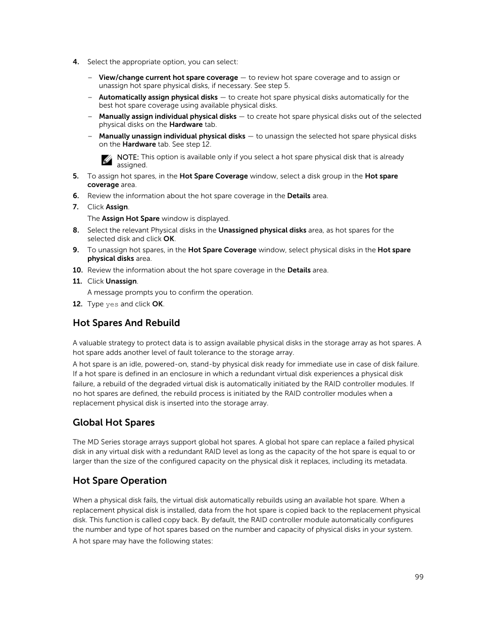 Hot spares and rebuild, Global hot spares, Hot spare operation | Dell PowerVault MD3820f User Manual | Page 99 / 243