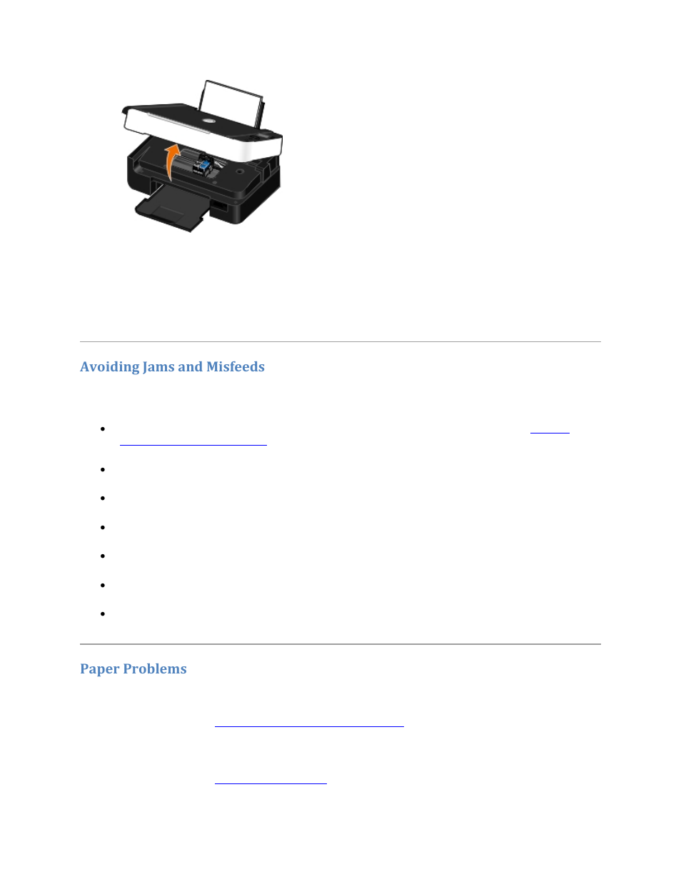 Avoiding jams and misfeeds, Paper problems | Dell V305w All In One Wireless Inkjet Printer User Manual | Page 103 / 133