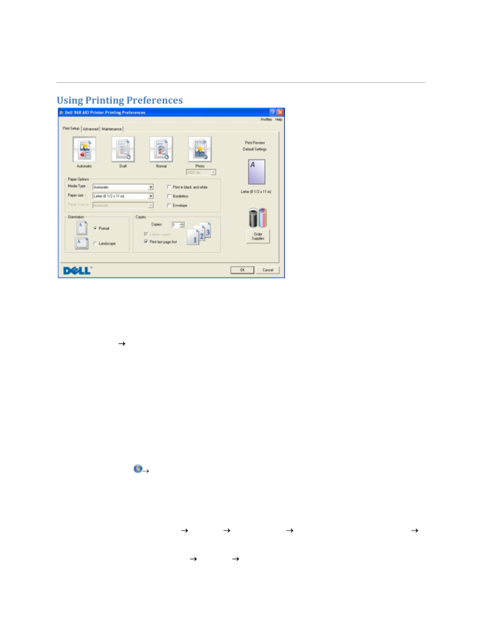 Using printing preferences | Dell V305w All In One Wireless Inkjet Printer User Manual | Page 68 / 133