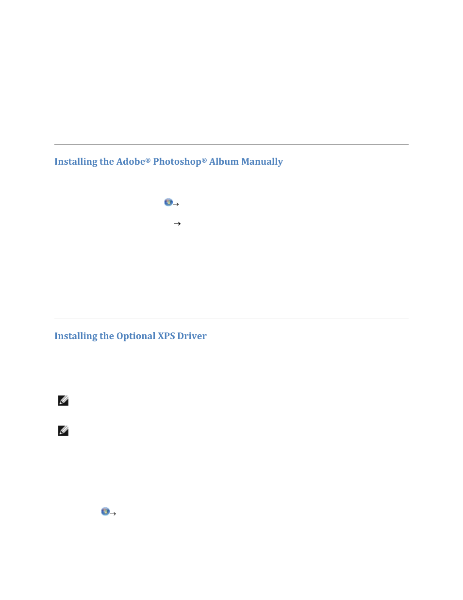 Installing the adobe, Photoshop, Album manually | Installing the optional xps driver | Dell V305w All In One Wireless Inkjet Printer User Manual | Page 74 / 133