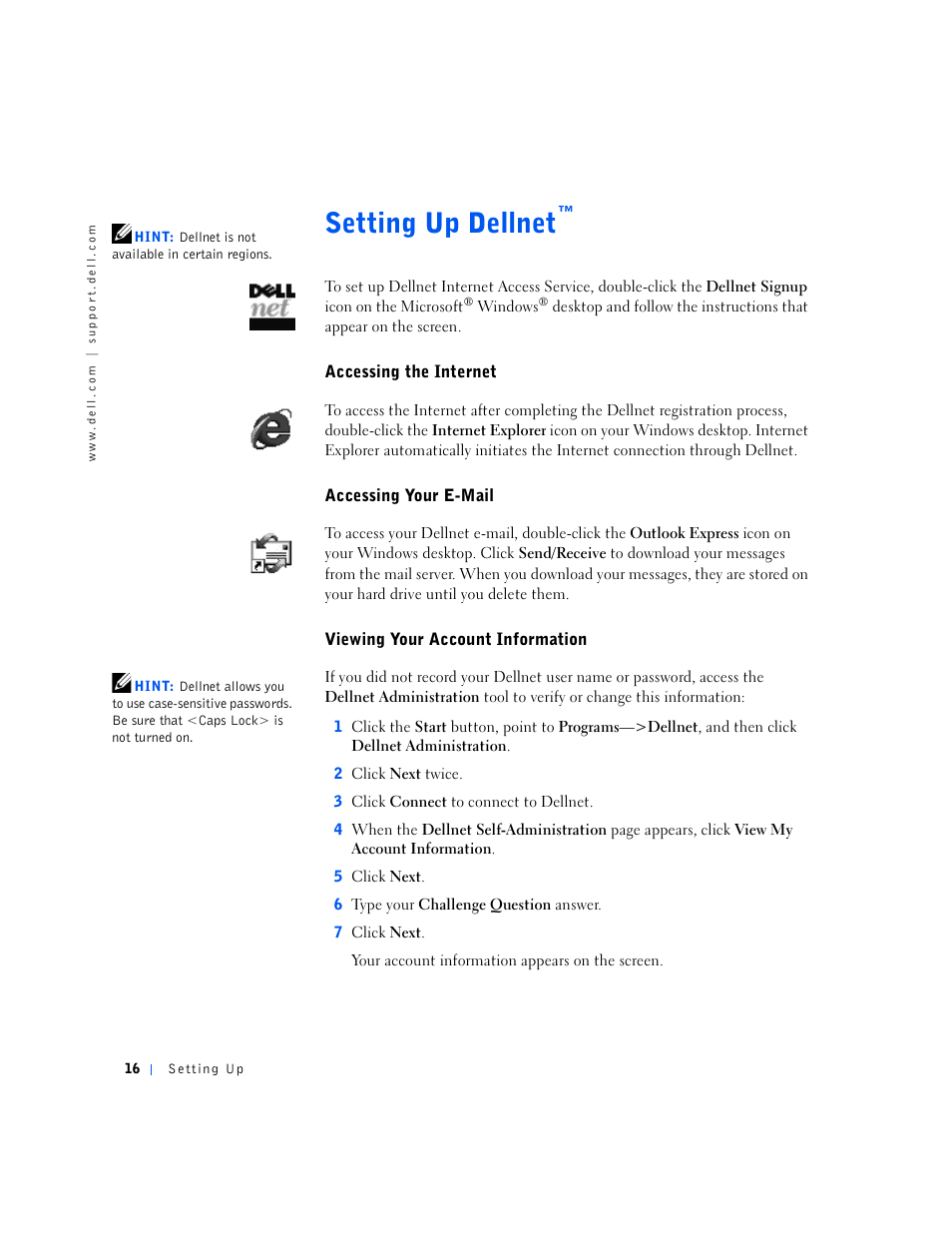 Setting up dellnet, Accessing the internet, Accessing your e-mail | Viewing your account information, S e t t i n g u p d e l l n e t " 6 | Dell Inspiron 5000e User Manual | Page 14 / 90