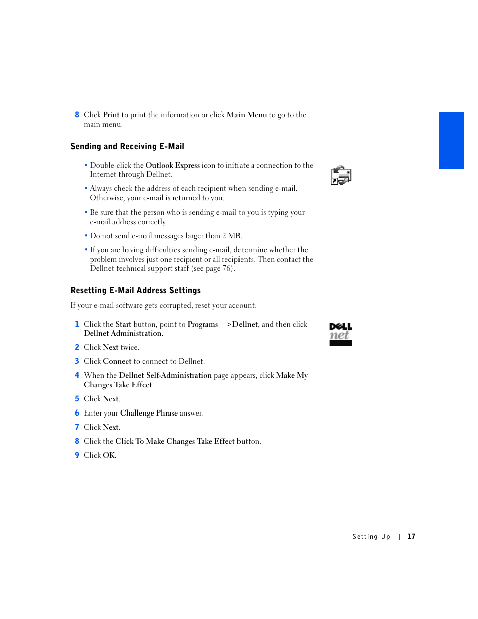 Sending and receiving e-mail, Resetting e-mail address settings | Dell Inspiron 5000e User Manual | Page 15 / 90