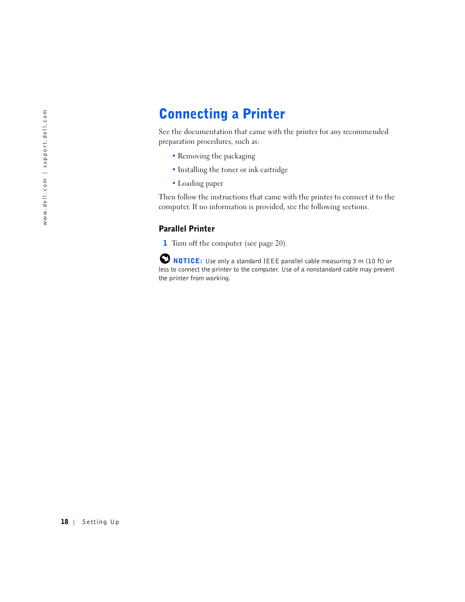 Connecting a printer, Parallel printer, C o n n e c t i n g a p r i n t e r 8 | 1 turn off the eomputer (see page 20 ) | Dell Inspiron 5000e User Manual | Page 16 / 90