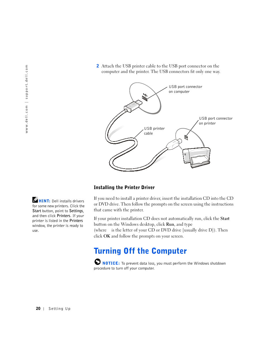 Installing the printer driver, Turning off the computer o, T u r n i n g o f f t h e c o m p u t e r 0 | Turning off the computer | Dell Inspiron 5000e User Manual | Page 18 / 90