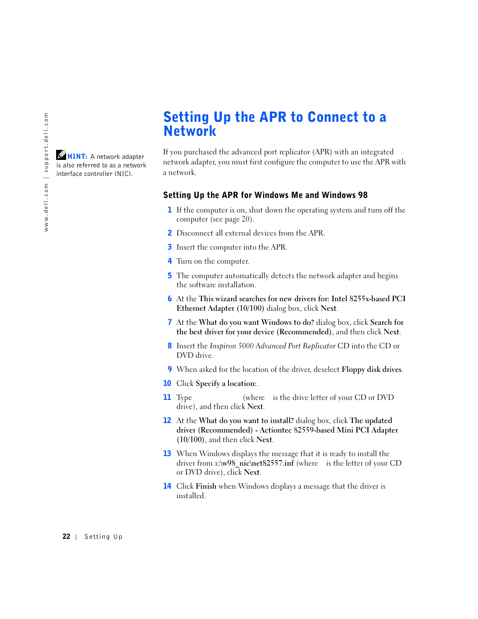 Setting up the apr to connect to a network, Setting up the apr for windows me and windows 98, Setting up the apr for windows me and windows 18 | Dell Inspiron 5000e User Manual | Page 20 / 90