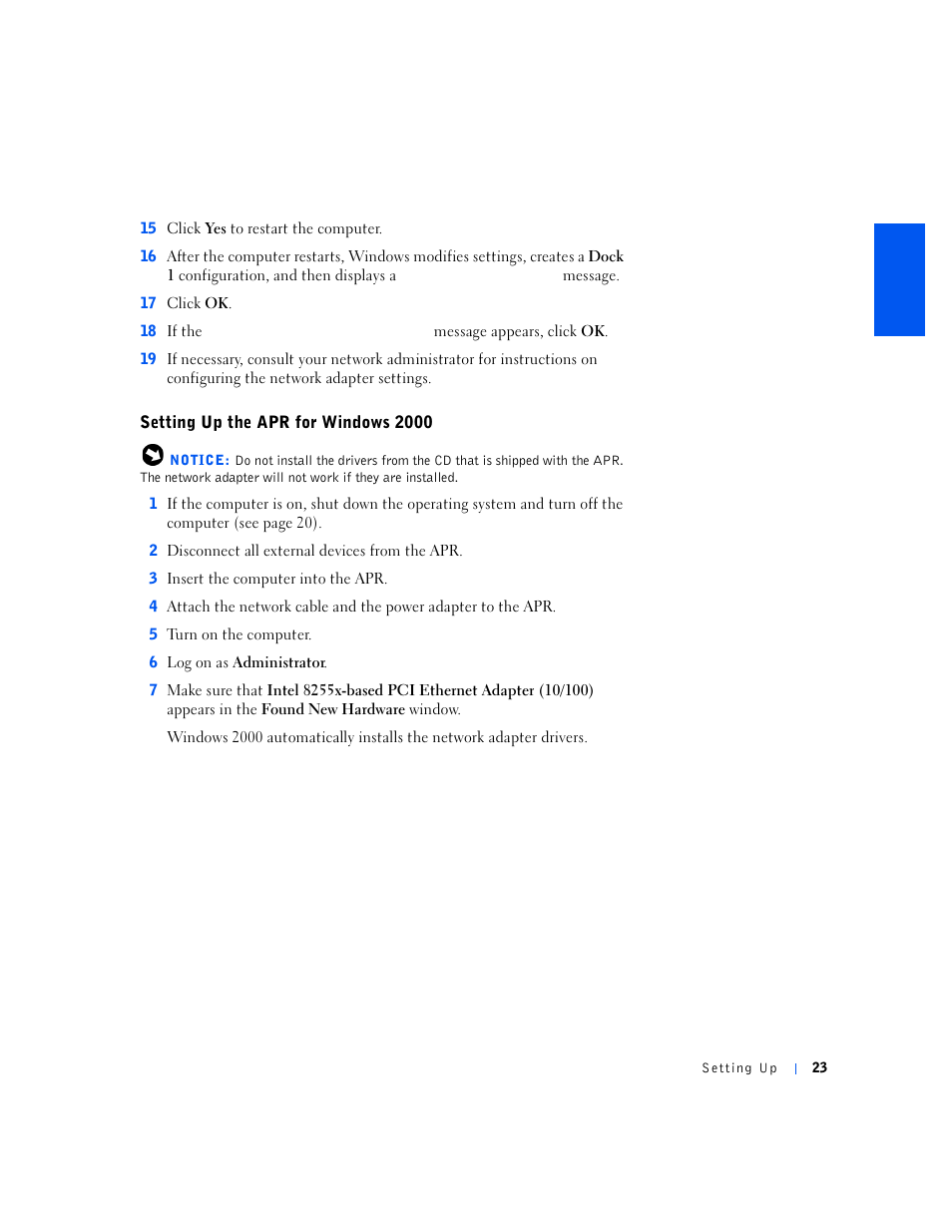 Setting up the apr for windows 2000, Message. 17 click ok. 18 if the | Dell Inspiron 5000e User Manual | Page 21 / 90