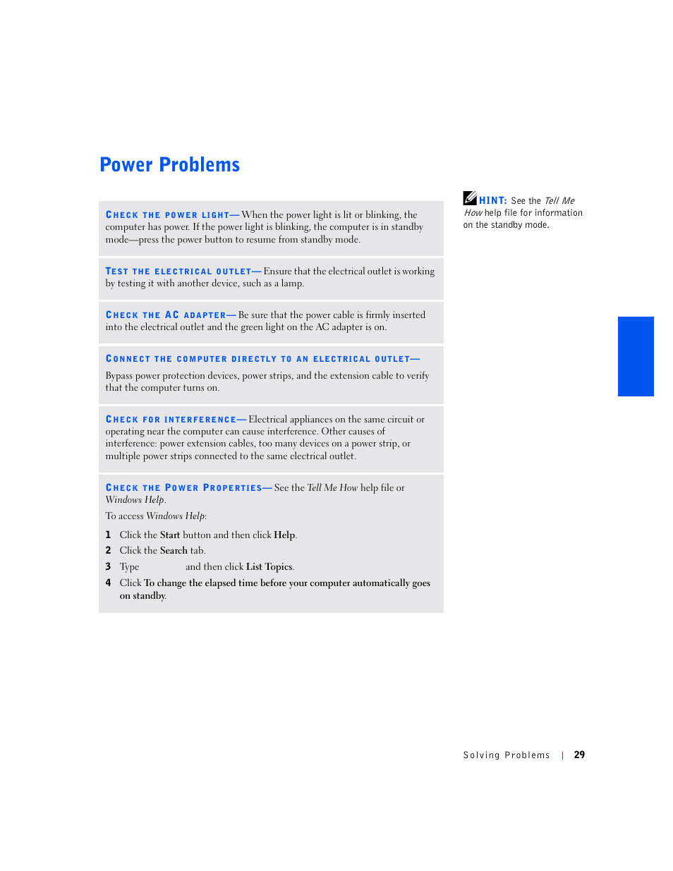 Power problems, P o w e r p r o b l e m s 9, Tell me how | Windows help | Dell Inspiron 5000e User Manual | Page 27 / 90