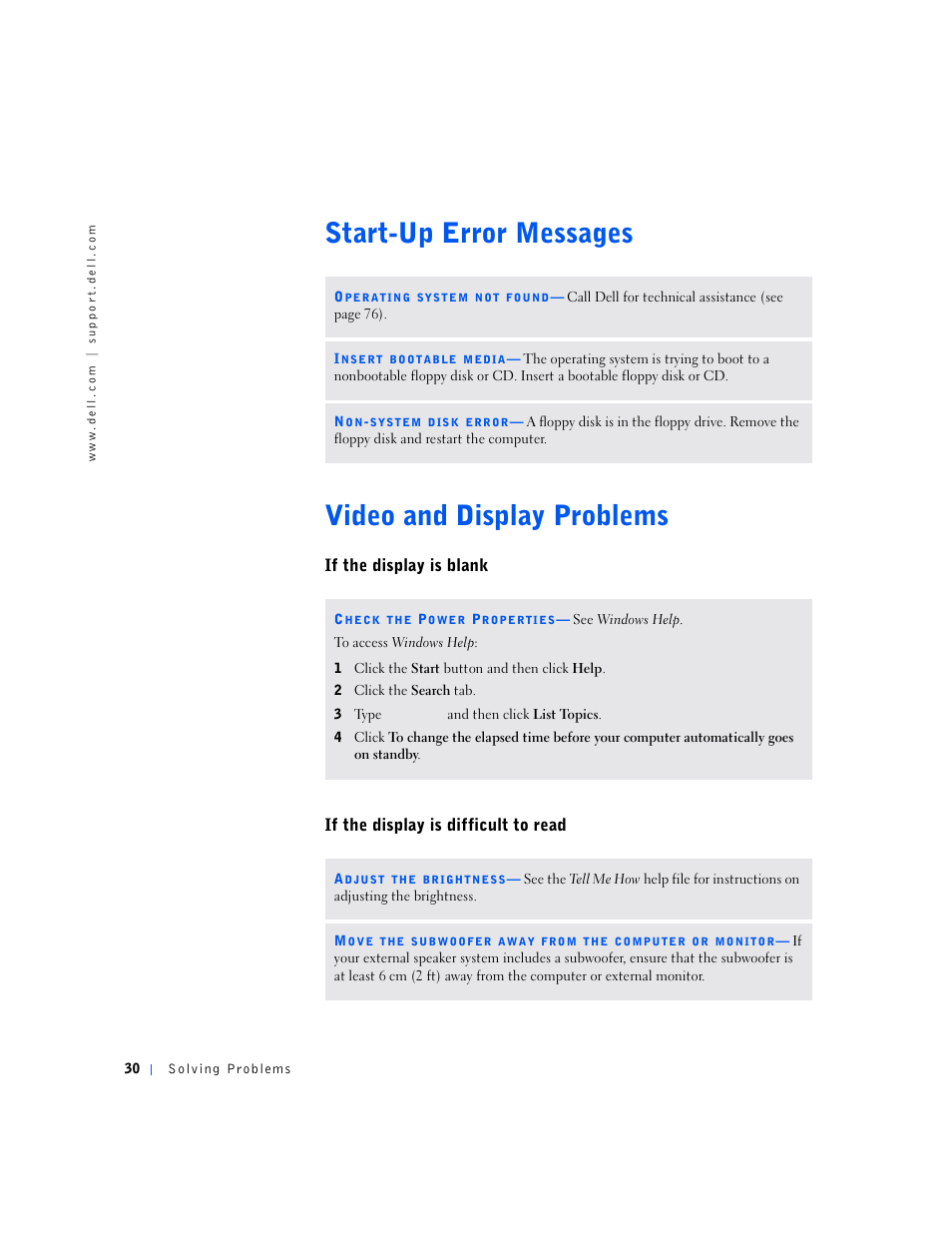 Start-up error messages, Video and display problems, If the display is blank | If the display is difficult to read, S t a r t - u p e r r o r m e s s a g e s 0, V i d e o a n d d i s p l a y p r o b l e m s 0, Windows help, Tell me how | Dell Inspiron 5000e User Manual | Page 28 / 90