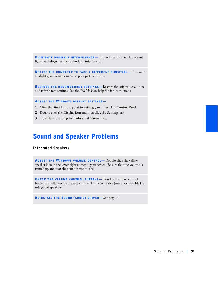 Sound and speaker problems, Integrated speakers, Tell me how | Dell Inspiron 5000e User Manual | Page 29 / 90