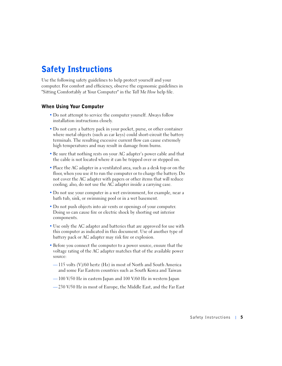 Safety instructions, When using your computer | Dell Inspiron 5000e User Manual | Page 3 / 90