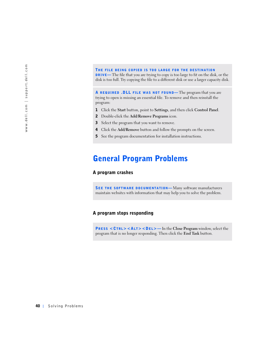 General program problems, A program crashes, A program stops responding | Dell Inspiron 5000e User Manual | Page 38 / 90