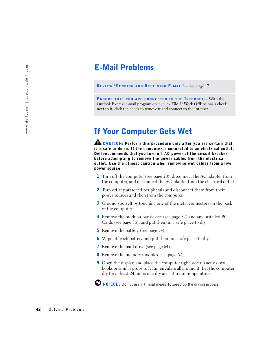 E-mail problems, If your computer gets wet | Dell Inspiron 5000e User Manual | Page 40 / 90